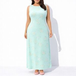 70s Vintage Blue Floral Maxi Dress Sleeveless Pastel Embroidered Dress Size S